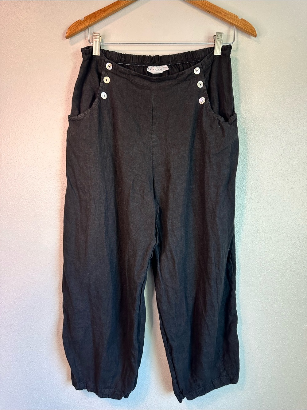 Bryn Walker Wide Leg Crop Linen Pants Black Lagenlook Minimalist Size Med